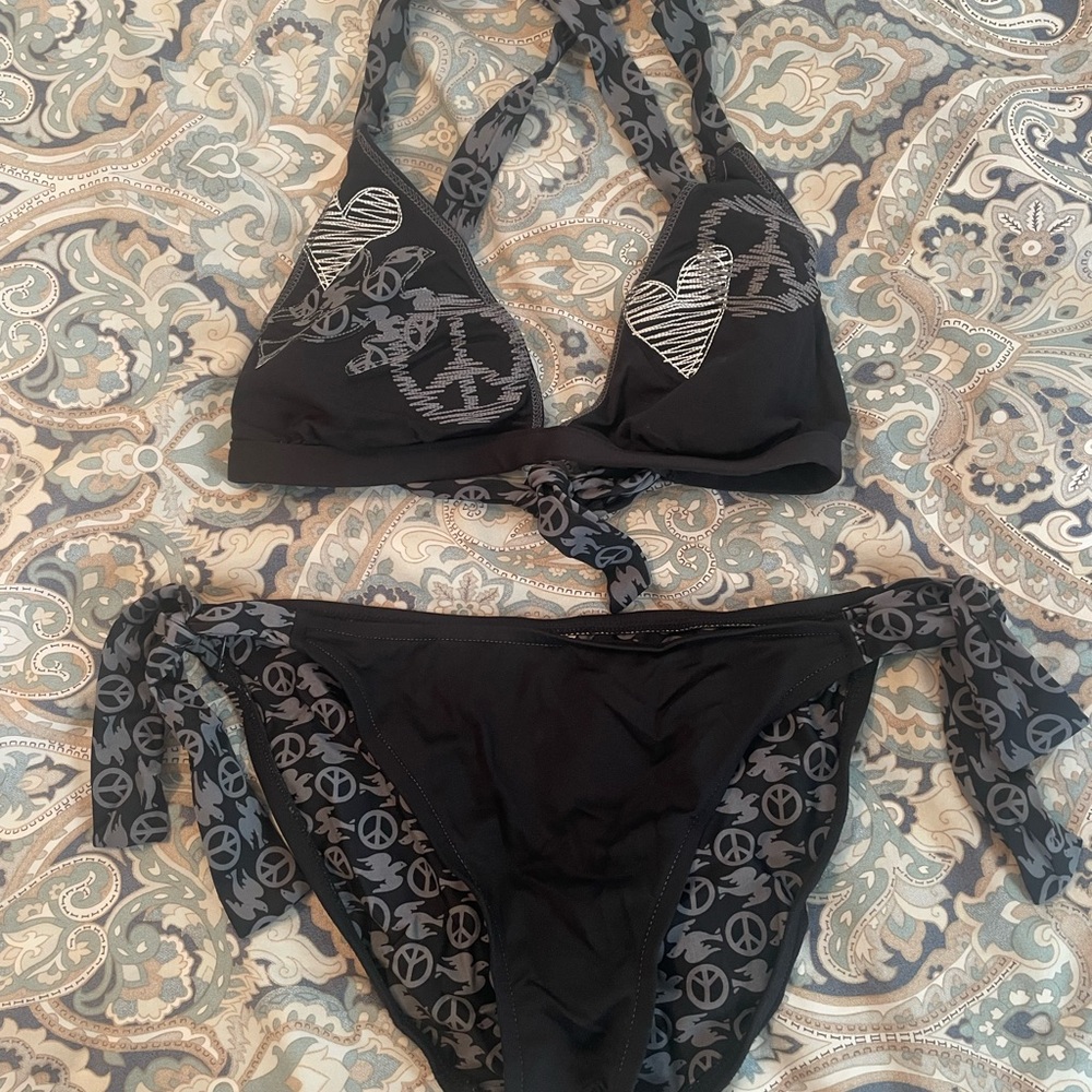 Black Lucky Brand Bikini with Peace and Heart Design